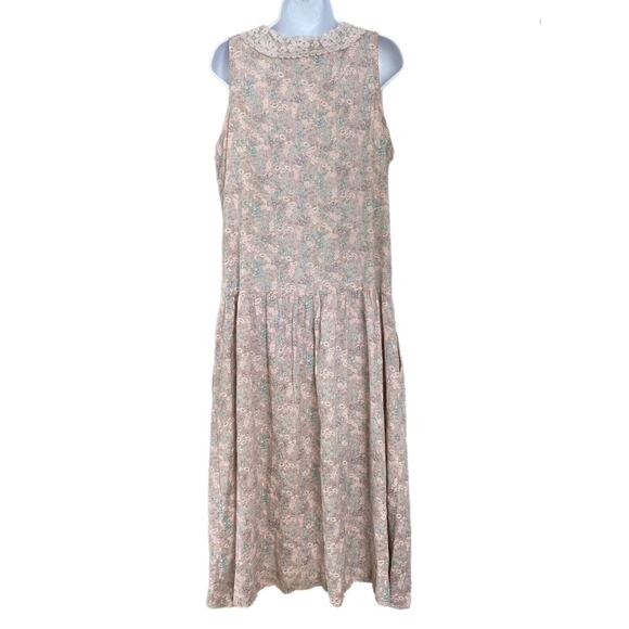 Vintage 80s Cottage Prairie Boho Calico Floral Drop Waist Lace Collar Dress M/L - Picture 7 of 8
